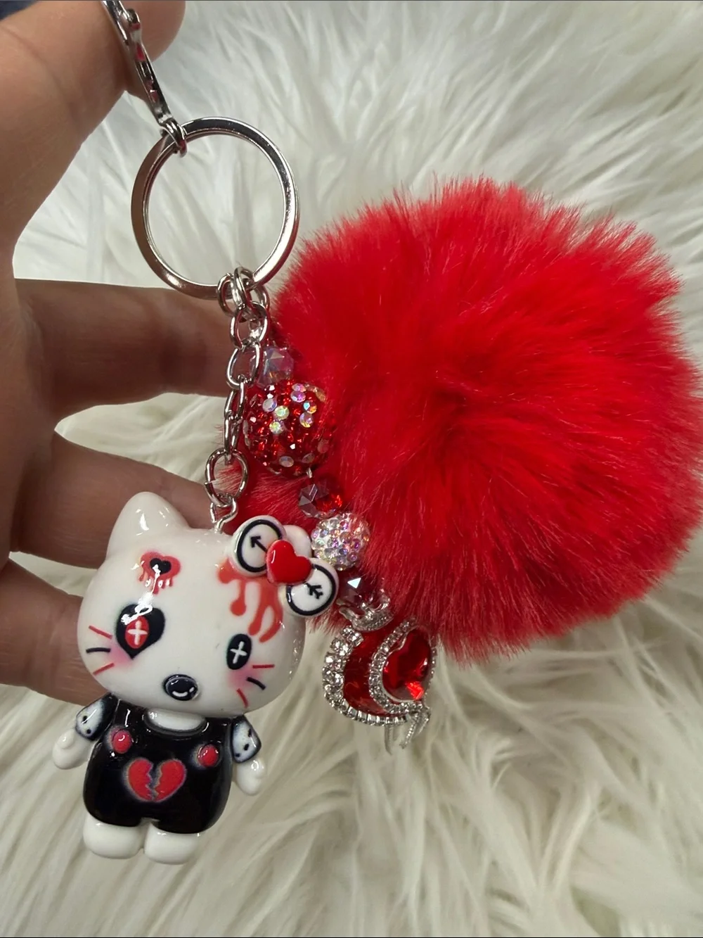 Hello kitty Cute Red Pom Pom Halloween Keychain Charm